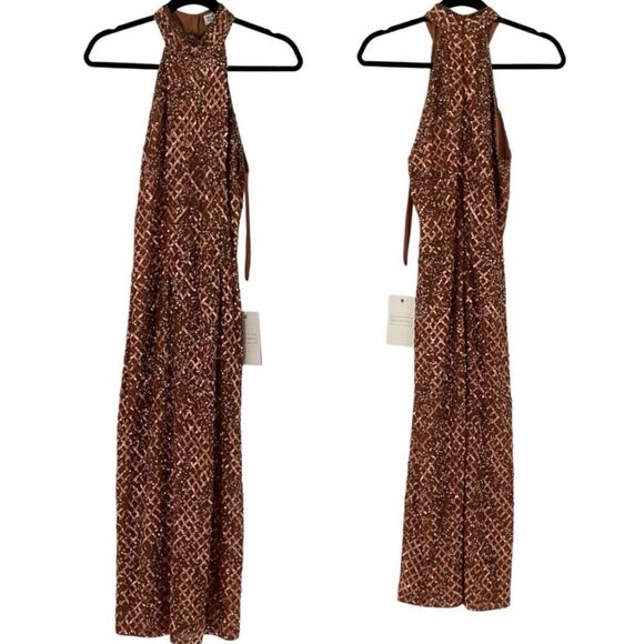 NWT Mac Duggal Copper Sequin Beaded Plaid Halter Neck Lined Cocktail Dress Size - Picture 2 of 16